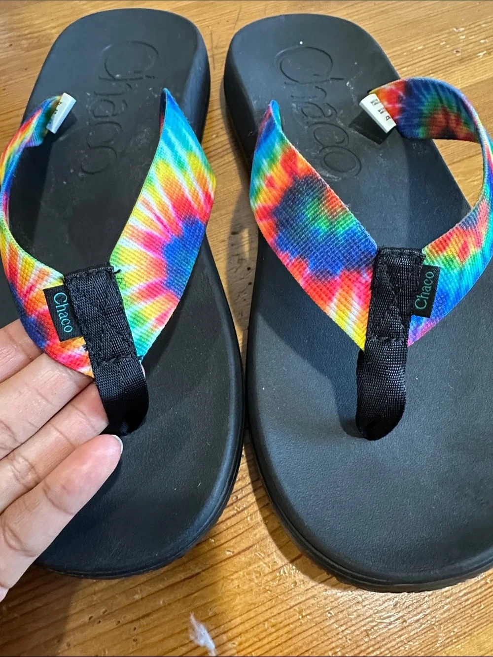 Chaco Black Flip Flops with Rainbow Tie-Dye Straps